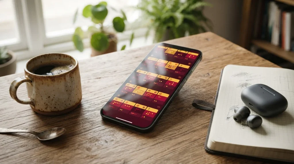 Smartphone mit farbigen Sportkategorien auf einem Holztisch neben einer Tasse